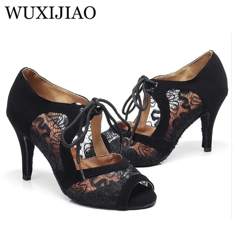 WUXIJIAO Lace Latin Dance Shoes Red and Black For Woman Ballroom Dancing Shoes Salsa Performance Dance Shoes heel 8.5/10cm