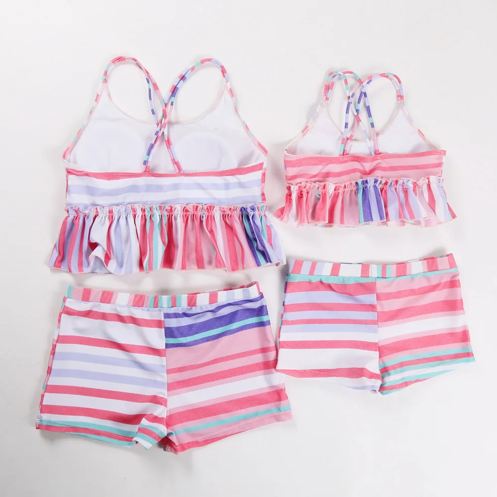 2019 New Family Matching Swimwear Set Mother And Daughter Colorful  Stripe Swimming Suits With Long Sleeves Smock UV Protection