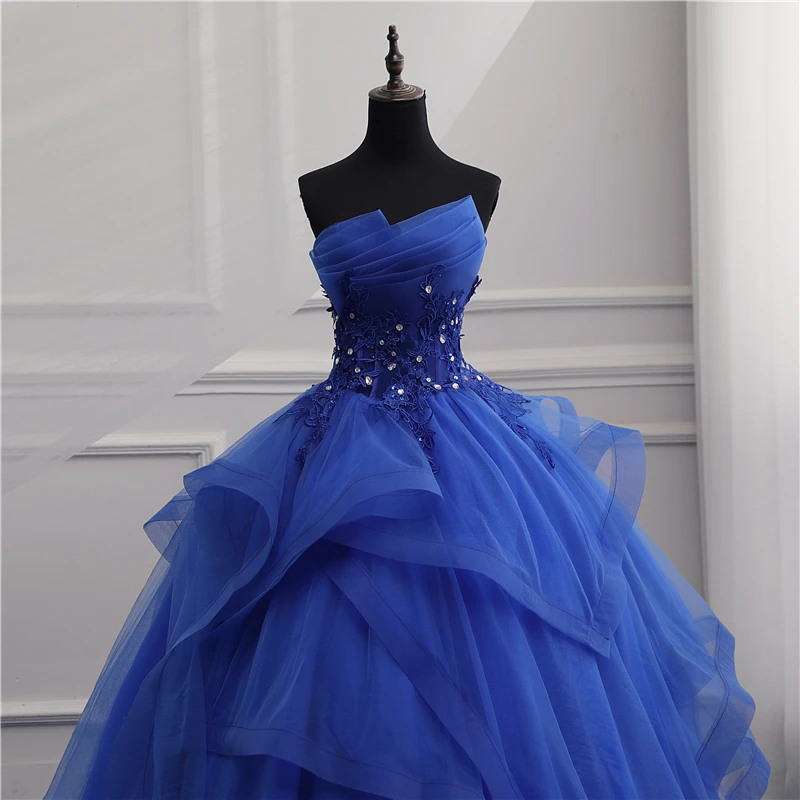 Real Video Formal Evening Dresses Ball Gown Elegant Blue White Strapless Sleeveless Priness Evening Dresses for party New Design