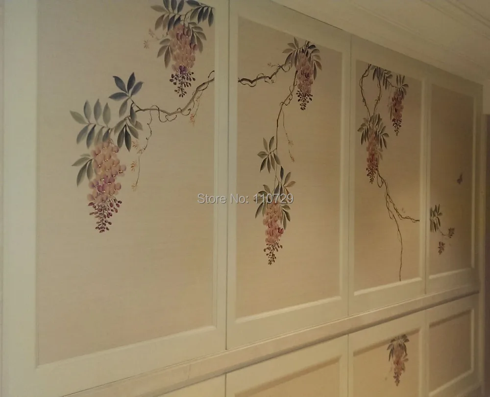 

Hand-painted silk wallpaper painting Chinese wisteria hand painted wallpaper wallcovering TV/Sofa/bedroom/living room background