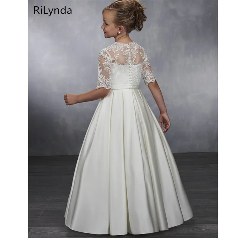 New Flower Girl Dresses for Weddings 2019 Sheer Neck Lace Ball Gown Little Girls First Communion Pageant Gowns