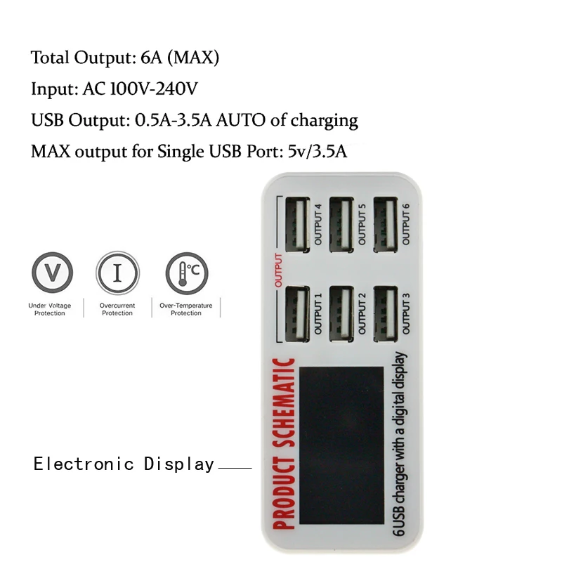 AIXXCO 6A with LCD Digital Display 6 Port USB Charger Fast Smart Charging Station for iPhone Xiaomi Huawei Samsung Tablet