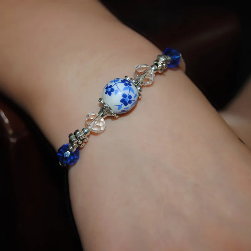 Cute New Girl Blue and White Porcelain Flower Bead Bracelet Women Lucky Vintage Chinese Style Flower Bracelet Jewelry Party Gift