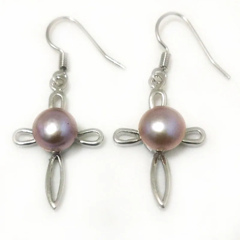 Wholesale 8-9mm Natural Lavender Button Pearl Cross Style Hook Earring