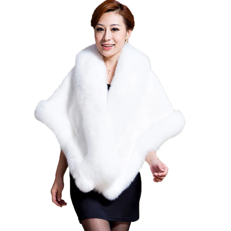 

Luxury Winter Party Cape Lady's Genuine Elegant Soft Wrap Women Best Full Rex Rabbit Fox Fur Shawl Coat WHITE