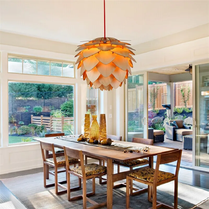 Pinecone chandelier Kitchen Dining room Restaurant Bar wooden Pendant lamp indoor house OAK Pinecone Hanging Lamp Fixtures image 5