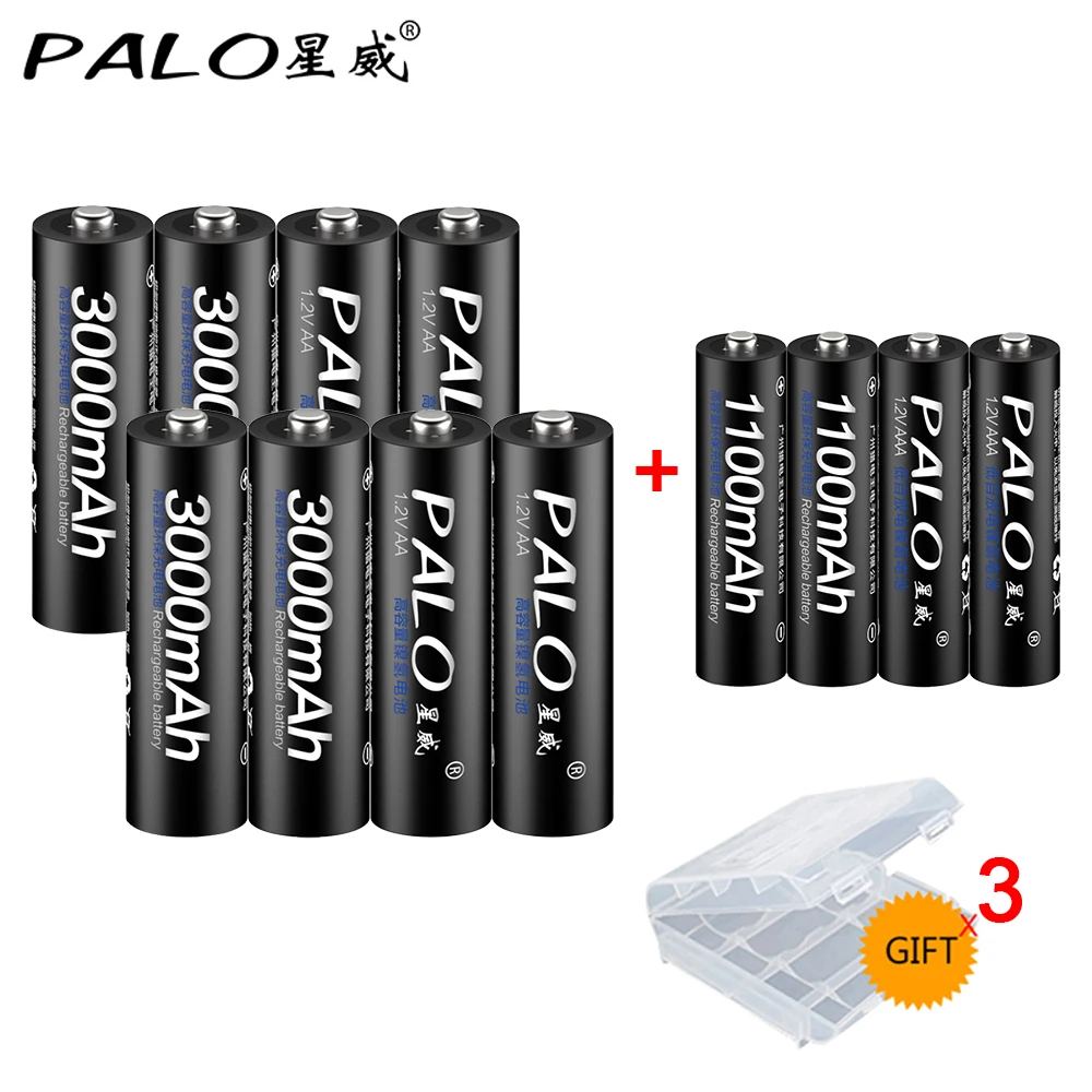 PALO 8pcs 1.2V AA Ni-MH rechargeable battery 3000mAh+4pcs 1100mAh 1.2V AAA Battery rechargeable batteries  for toys power