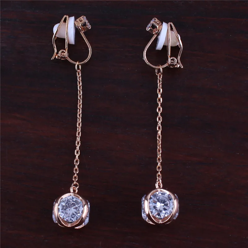 New Arrival Long Tassel Copper Material Ball Shape CZ  Clip on Earrings without piercing for Women Party Wedding High Quality