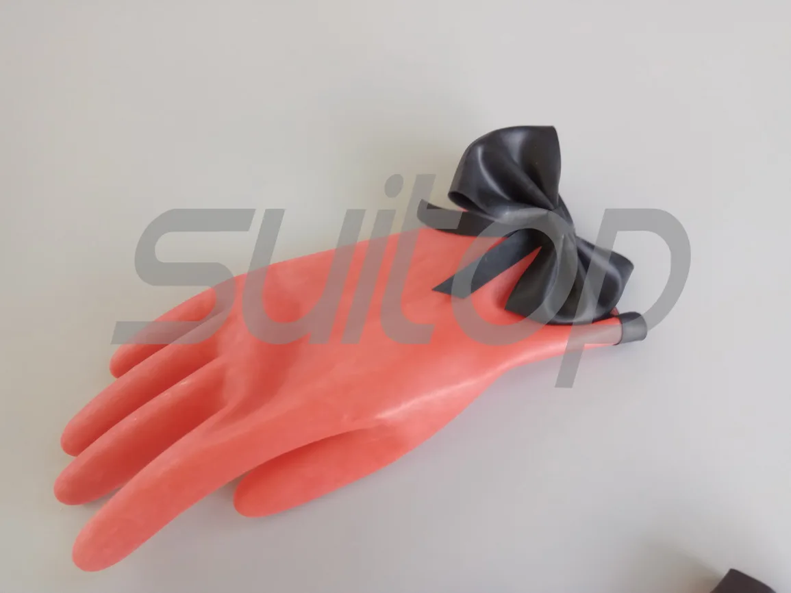 Suitop Latex rubber  short gloves in red and black trim BOW-TIE