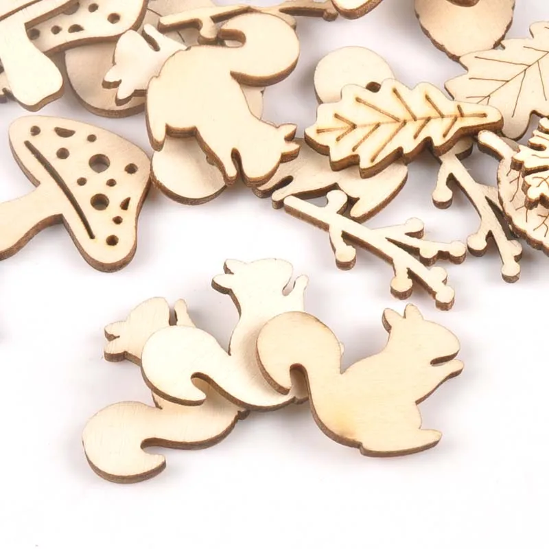 Mix Mushroom/hedgehog/squirrel/Pine Cones/leaves Pattern Wooden Ornament Wood For Scrapbooking DIY Carfts Home Decor 20pcs m2154