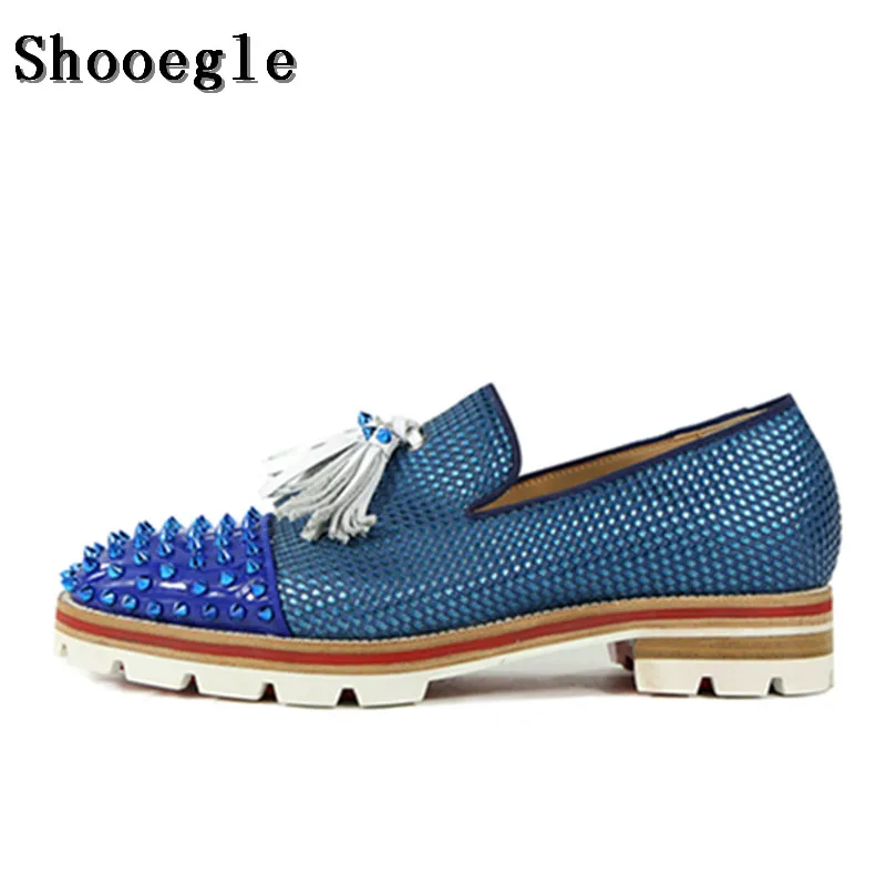 SHOOEGLE Men Blue Patchwork Tassel Shoes Spikes Studded Lowtop Slip on Mixed Color Loafers Anti-skid Men Casual Shoes Size 38-47