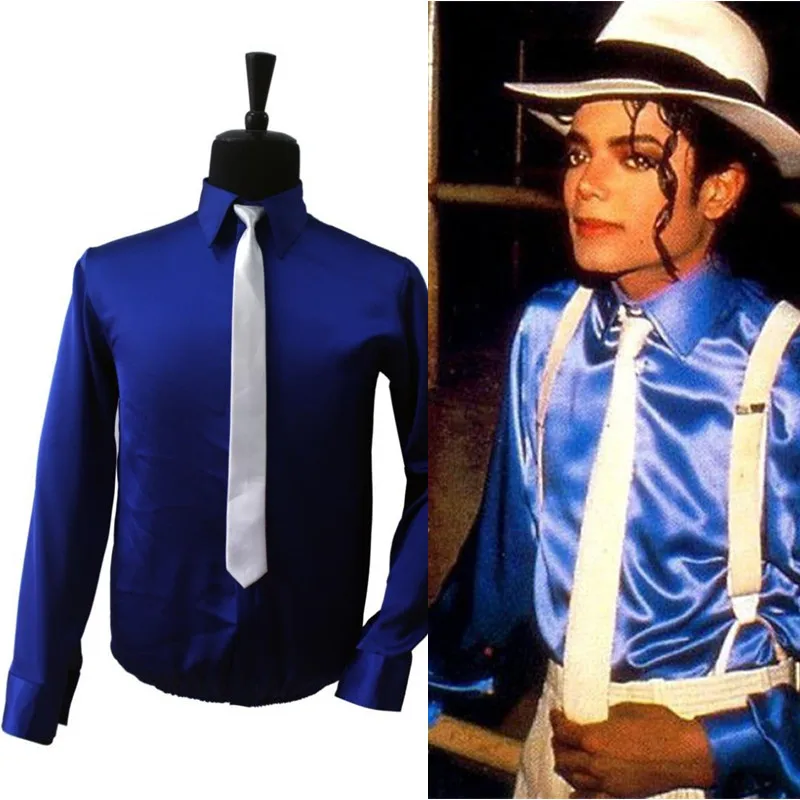 Retro MJ Michael Jackson Smooth Criminal Bule Shine Shirt & Tie Thread Gluing Performance Halloween Show Clothing No Button