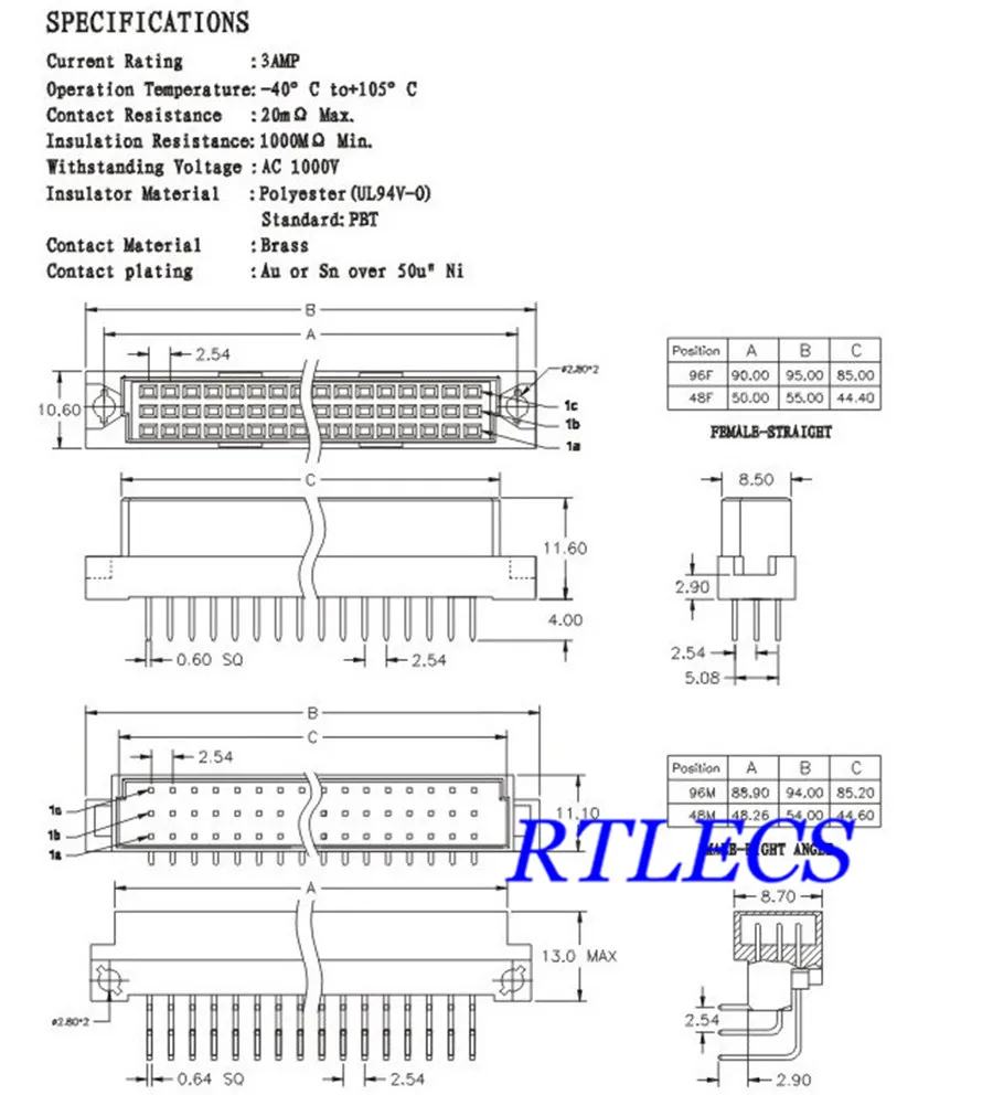 5pcs DIN 41612 Connector 3 Rows 48 Pin Din Female Sockets Receptacle Vertical Through Hole PCB 3x16 48 Pin Pitch 2.54mm
