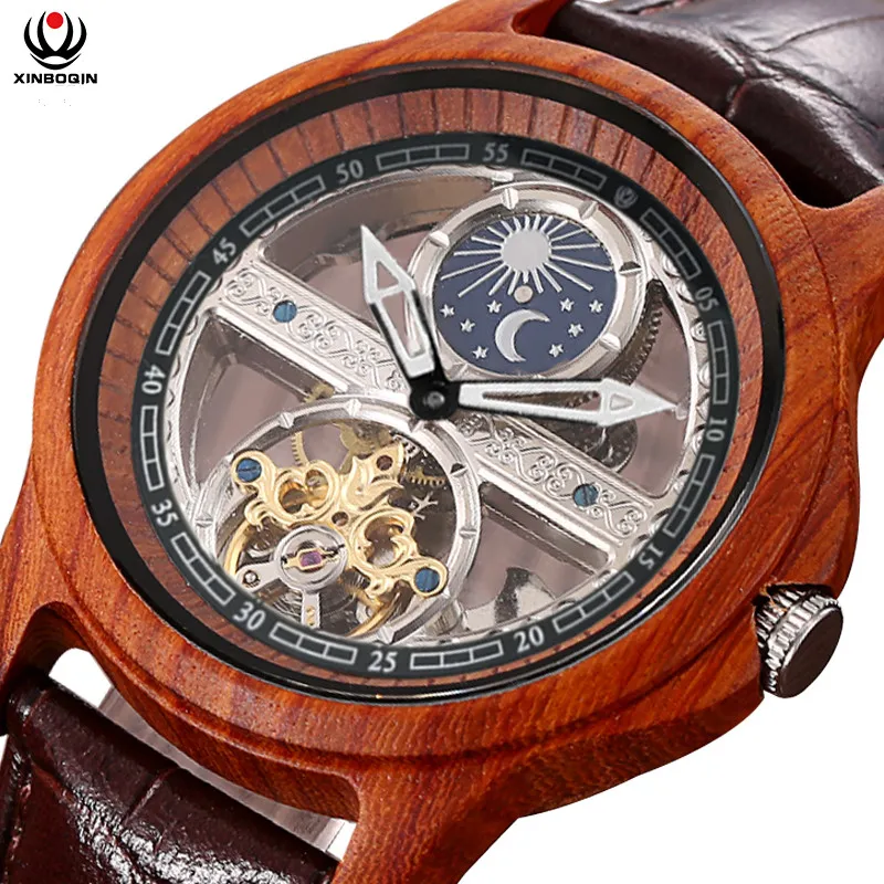 

Cool Mens Brand Wooden Watches Transparent Automatic Self-wind Watch Sandalwood Tourbillon Business Wrist watch Real Leather