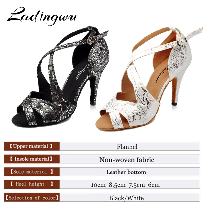 Ladingwu New Brands Dance Shoes For Women Salsa Dance Sandals Flannel Ballroom Party Tango Dancing Shoes Black White Heels 10cm