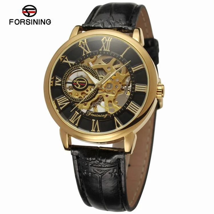 2019 3d Logo Design Hollow Engraving Black Gold Case Leather Skeleton Mechanical Watch Men Luxury Brand Heren Horloge