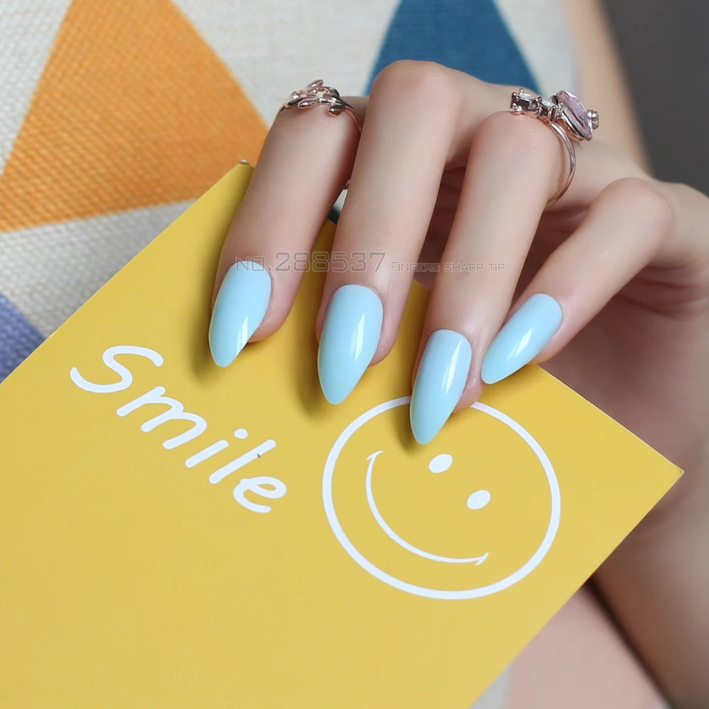 Baby Blue Full Nail Tips Comfortable Artificial nails Pointed Stiletto 24pcs mountain Pure colour False nails JD012