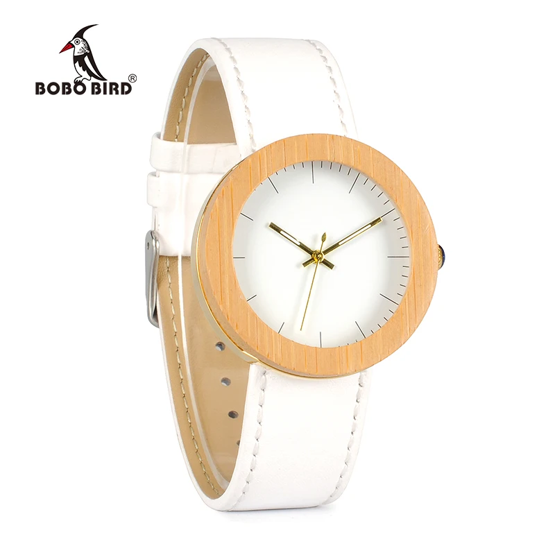 BOBO BIRD-Montre à quartz en acier au bambou pour femme, bracelet en cuir véritable avec boîte en bois, cadeau personnalisé, marque, WJ27