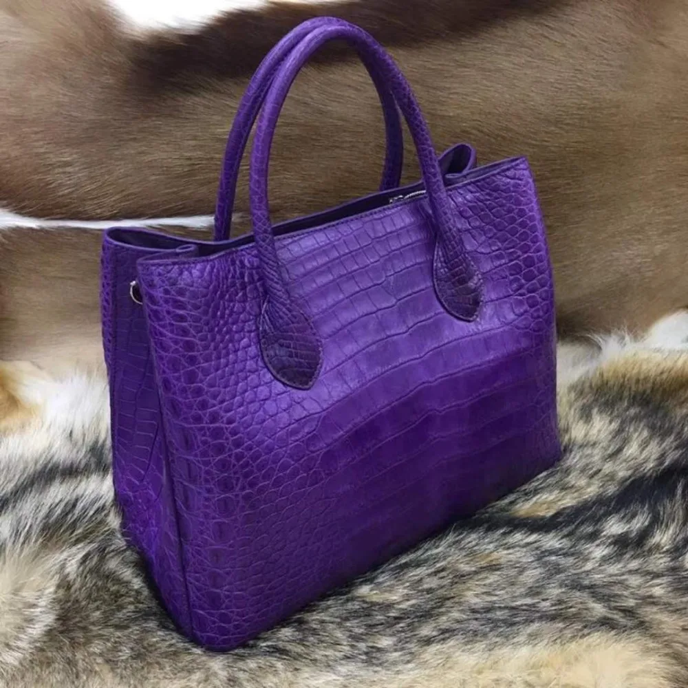 100% genuine real crocodile leather belly skin women tote handbag purple color matt luxury quality crocodile skin handbag