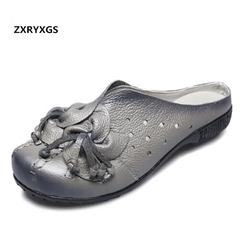 

Hot 2024 New Summer Classic Flowers Round Head Genuine Leather Sandals Women Sandals Slippers Elegant Comfortable Fashion Shoes