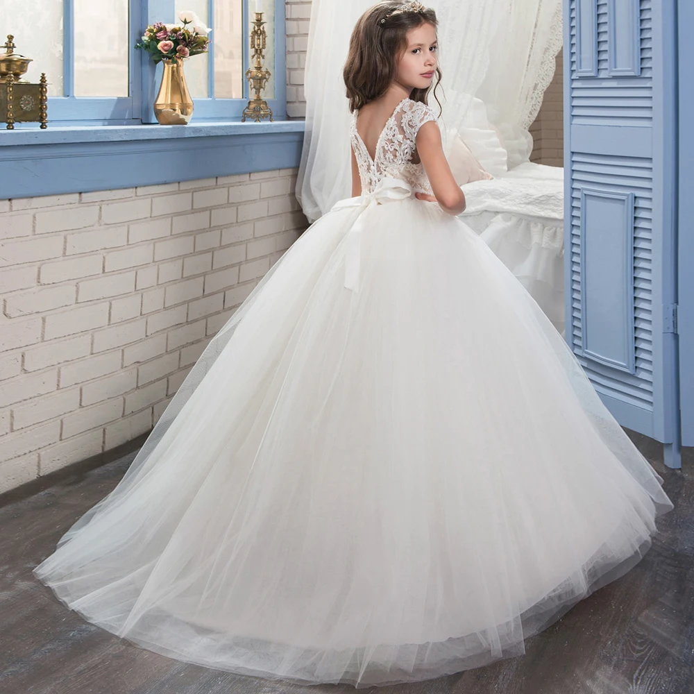 Mới Đến Flower Girl Dresses Trắng và Ngà O-Cổ Beading Bóng Áo Choàng Không Tay Ren Lên Đầu Tiên Rước Gown Tùy Chỉnh Hot