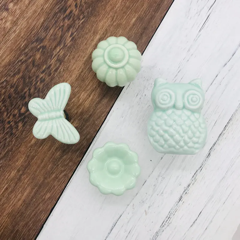 8pcs Green Cartoon Ceramic Animal Shape Door Handles Furniture Closet Drawer Shoebox Smart Pull Knobs Cute Owl Round Door Handle