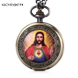 Retro God's Son Jesus Portrait Pocket Watch Mens Heart And Cross Classic Religious Christian Catholicism Faith Watches Gift Set