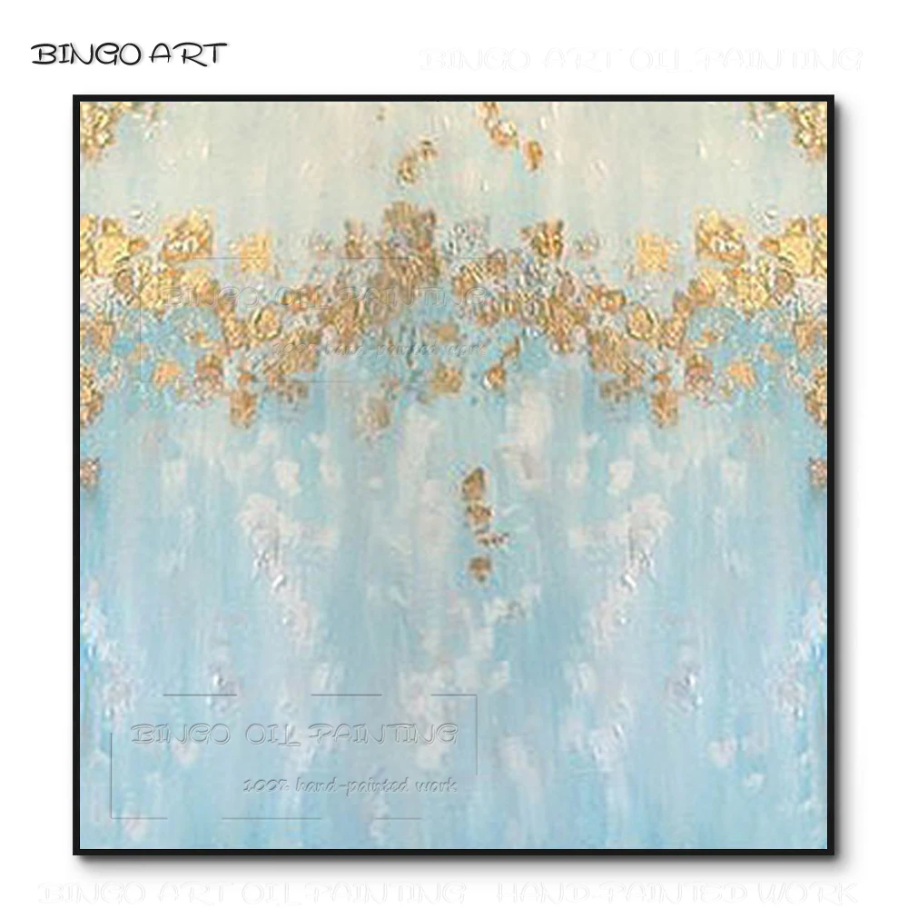 

Hand-painted Abstract Aqua Blue Oil Painting on Canvas Beauty Colors Abstract Aqua Blue with Gold Foil Oil Painting for Wall Art