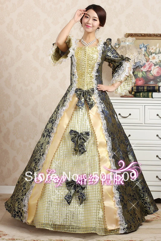 

Free ship blue golden Medieval Renaissance gown dress Vampire Costume Halloween Victorian /Marie Antoinette/Colonial Belle Ball