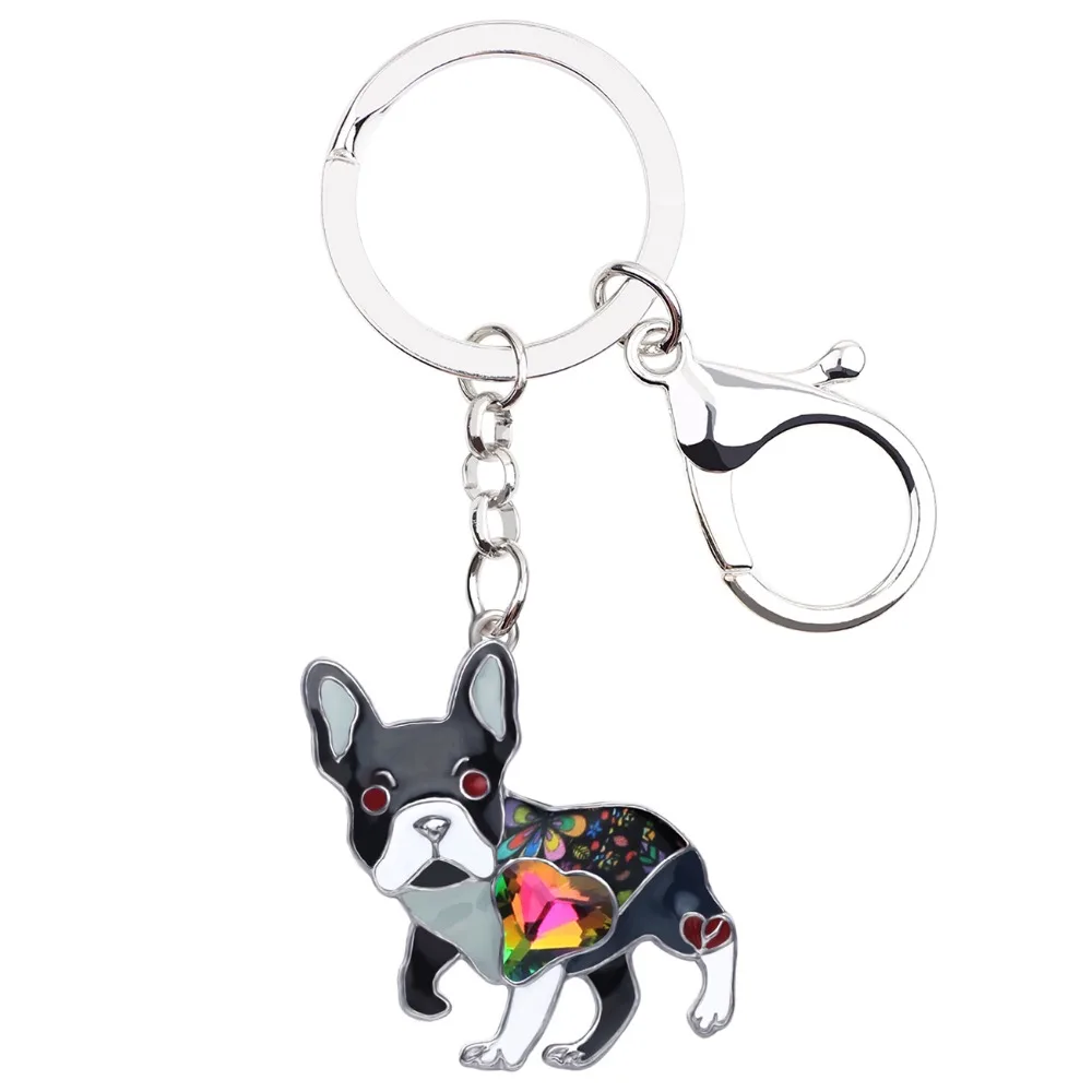 Bonsny Enamel Alloy Rhinestone French Bulldog Pug Dog Key Chains Keychain Animal Jewelry For Women Girls Bag Car Charms Gift Pet