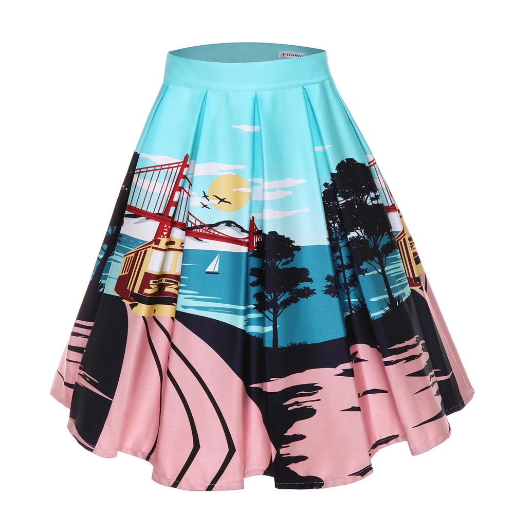 4XL Floral Music Print 50s 60s 2024 Swing Skirts Retro High Waisted Pleated Rockabilly Vintage Jurken Women Clothing 2020