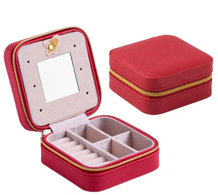 Travel portable leather jewelry box with mirror cosmetic makeup organizer earrings Casket three-tier storage box gift SN1570