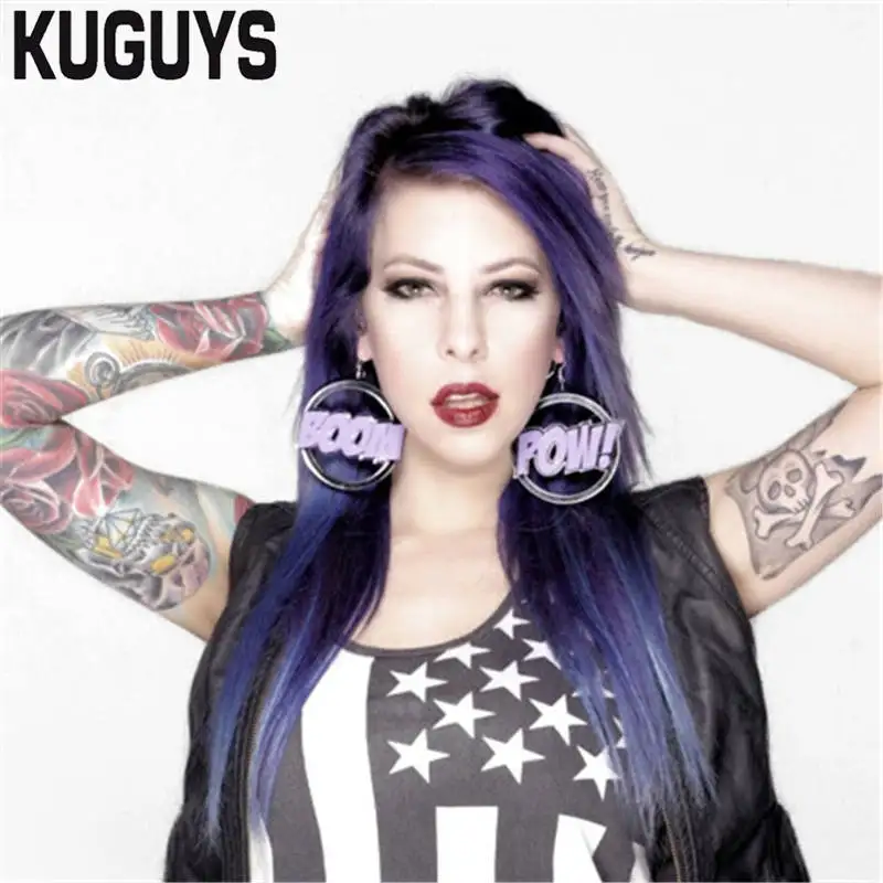 KUGUYS Pow Boom Round Earrings for Women Acrylic Jewelry Letter HipHop Punk Rock Drop Ear Accessories