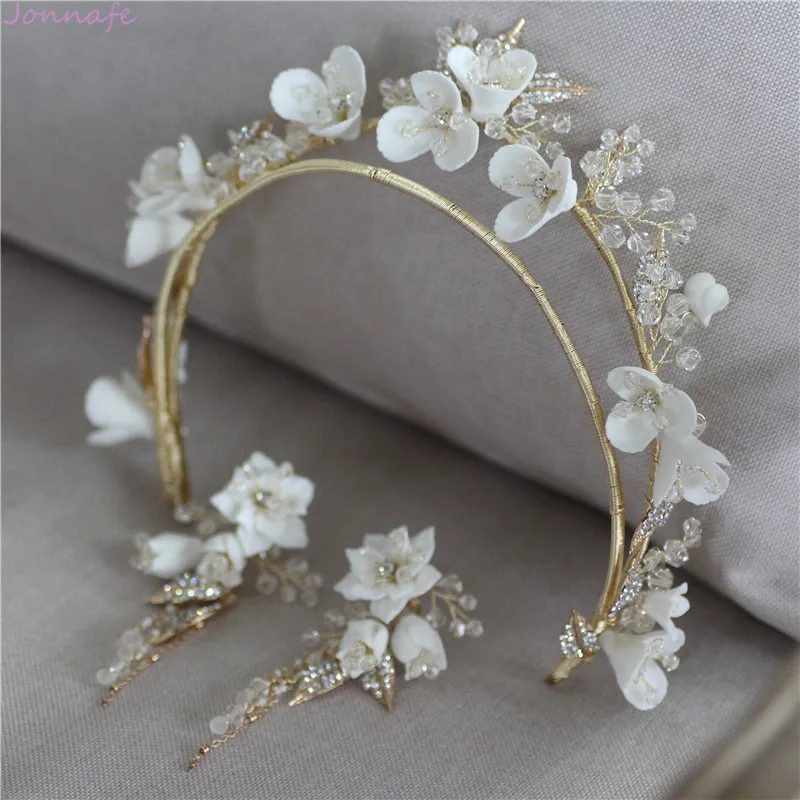 

Jonnafe Porcelain Flower Wedding Crown Hair Tiara Rhinestone Bridal Jewelry Hair Accessories Handmade Women Headpiece