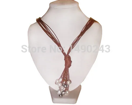 36 inches Handmade Coffee Leather Natural 11-12mm Oval Pearl Necklace