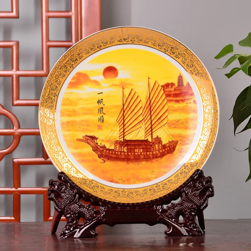 Golden Pine And Crane Ceramic Plate Ceramic Ornamental Plate Decoration Plate Wood Base Porcelain Plate Set Wedding Gift