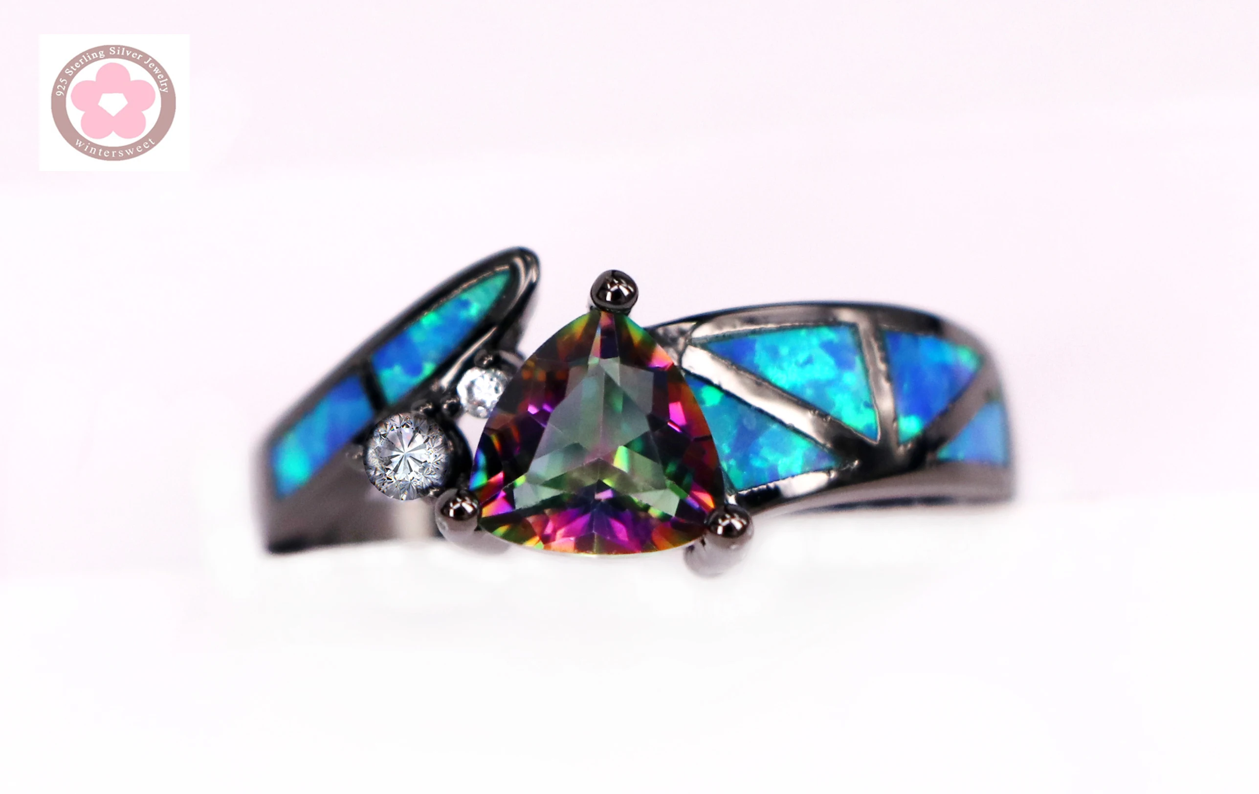 JLR-219 خاتم الروديوم الأسود مع أوبال النار المنشور وترصيع العقيق الأزرق الهندسي، خاتم كوكتيل قوطي قابل للتكديس للنساء، مطلي J #3