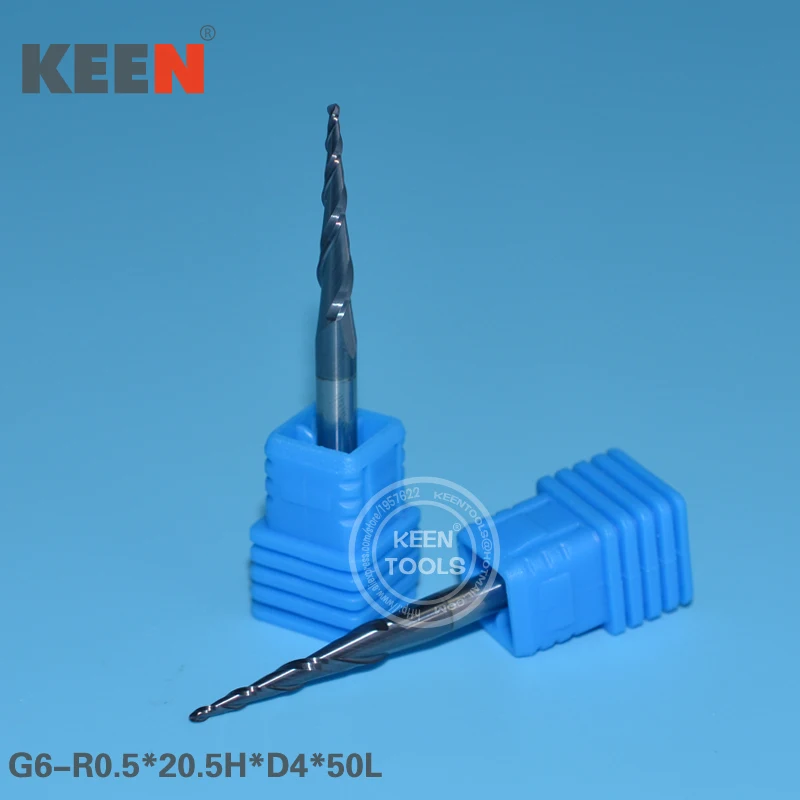 R0.5*20.5H*D4*50L 2 Flutes Taper Ball Nose Bit/Imported Tungsten Carbide End Mill Tool, HRC55 Woodworking for 3D Relief