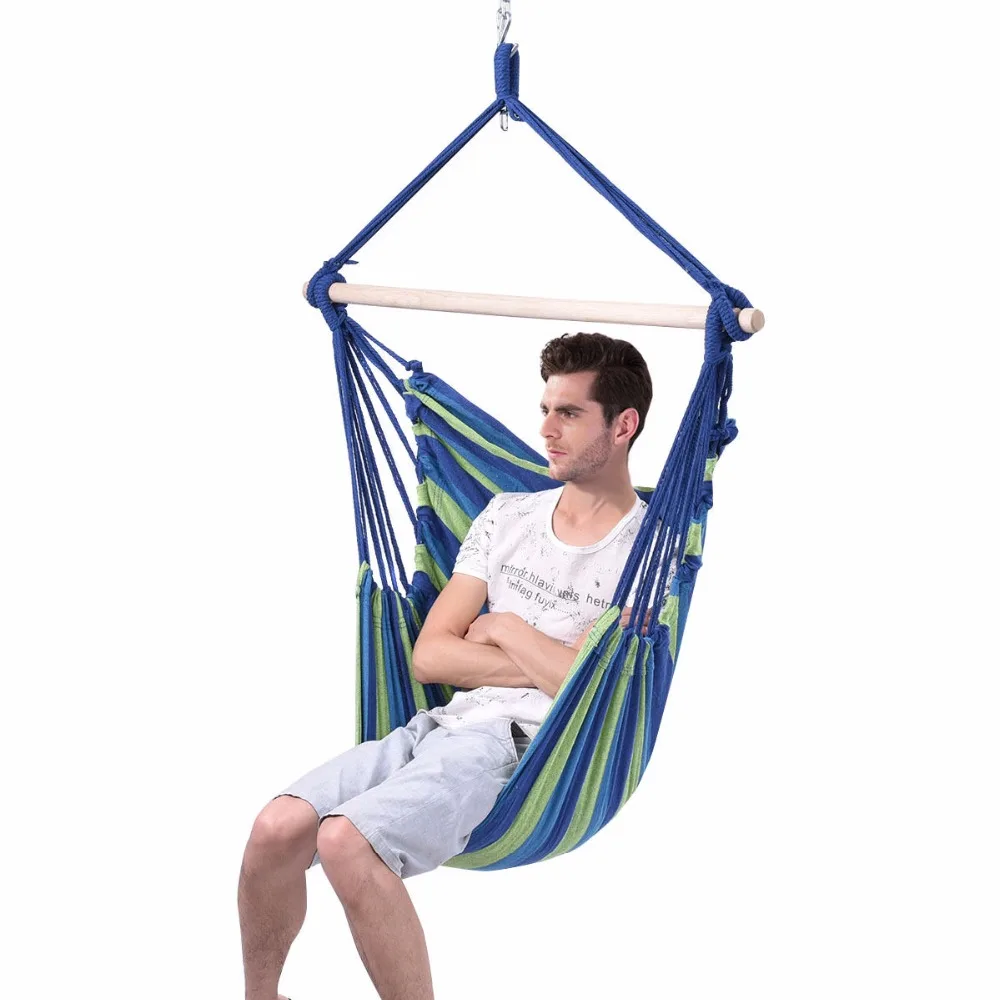 Goplus Garden Patio Porch Hanging Cotton Rope Swing Chair Seat Hammock Swinging Wood Outdoor Indoor Swing Seat Chair