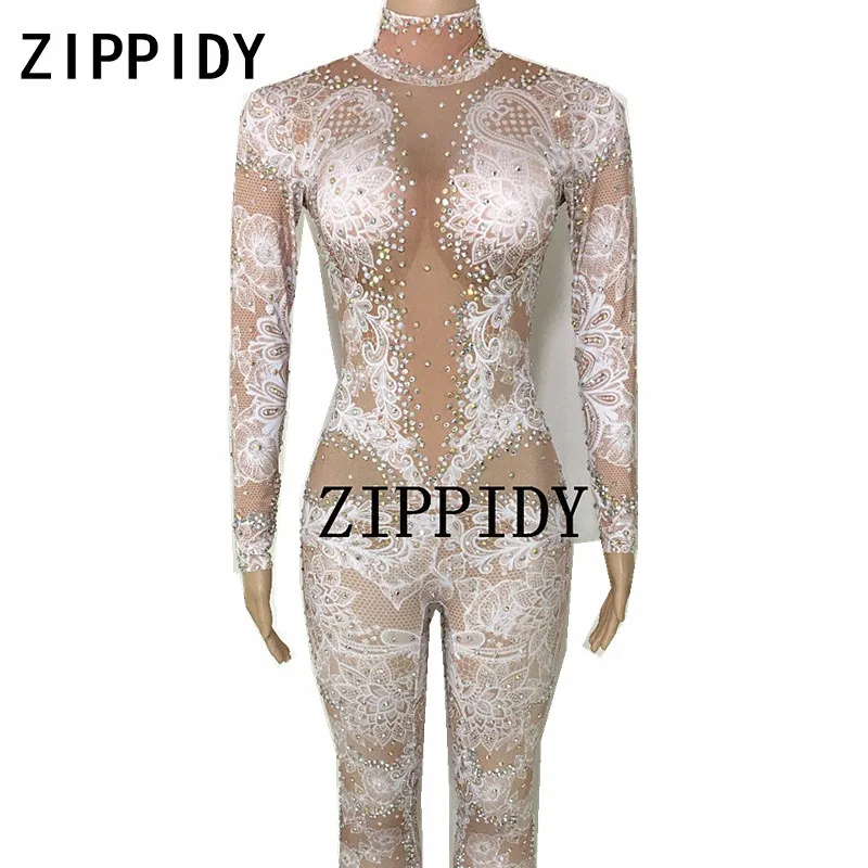 Glisten Crystals White Flowers Pattern Jumpsuit Female Singer One-piece Bodysuit Nightclub Dance Party Oufit Stretch Sexy Wear