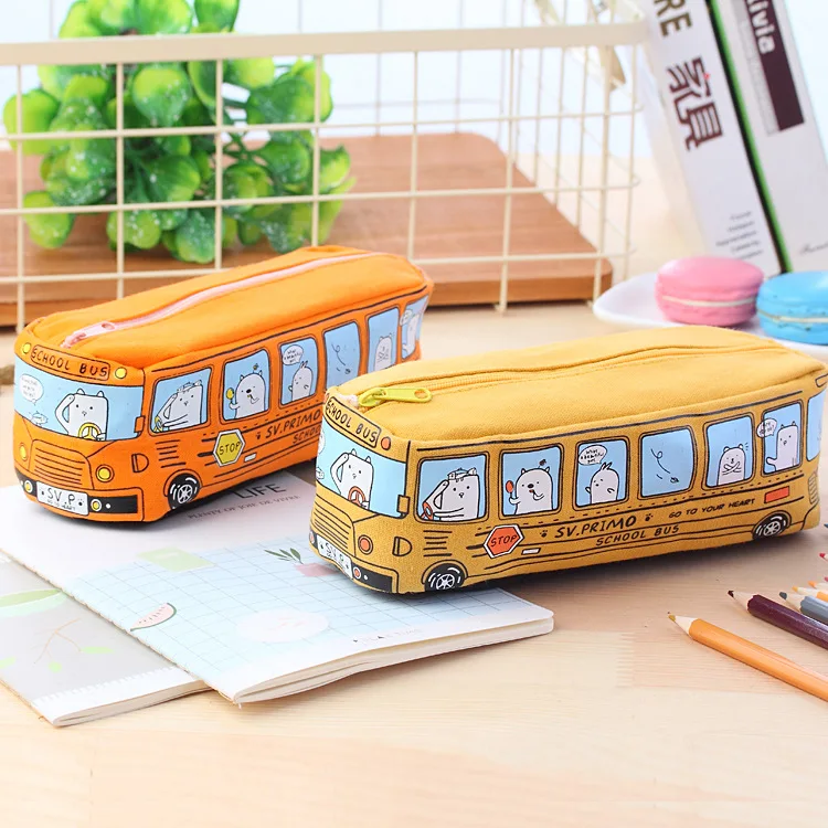 Novelty Animals School Bus Shape Canvas Pencil Case Stationery Storage Organizer Bag School Office Supply Escolar Papelaria