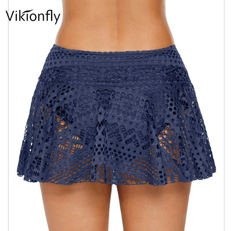 Vikionfly Lace Up Beach Dress Bikini Bottom Surfing Shorts With Skirt Women\'s Swimming Trunks Crochet High Waist Swimwear Pants