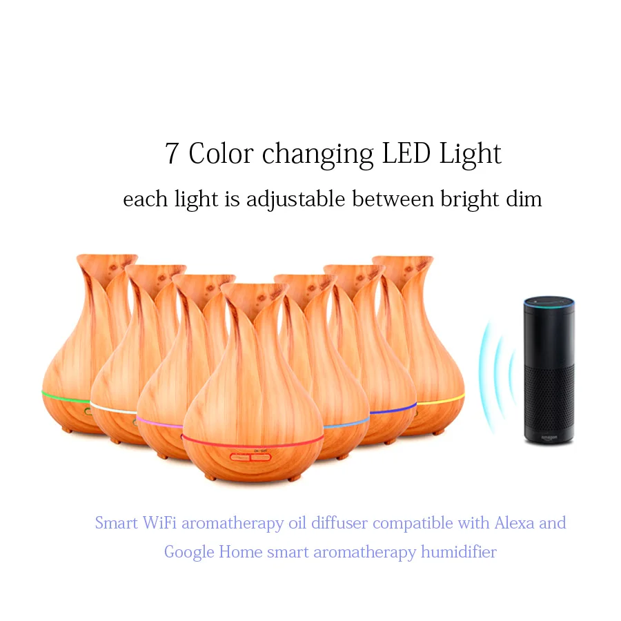 Tuya เครื่องกระจายกลิ่นหอมไฟฟ้าอัลตราโซนิค, เครื่องทำความชื้นในอากาศลายไม้, เครื่องทำไอน้ำมัน Essential 400มล.