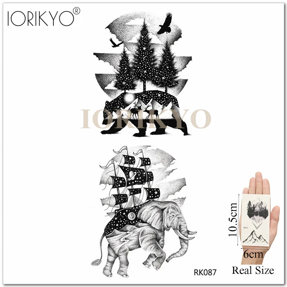 Iorikyo tatuagem temporária geométrica preta, adesivo para mulheres, braço corporal, à prova d'água, pinheiro, hilltop, tornozelo, masculina, pasta de tatuagem falsa