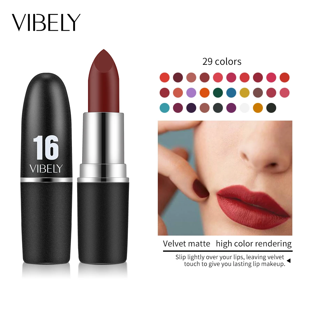 VIBELY 29 Colors Natural Velvet Matte Bullet Lipstick Waterproof Long Lasting Purple Lip Stix Balm Female Makeup Make Up Beauty