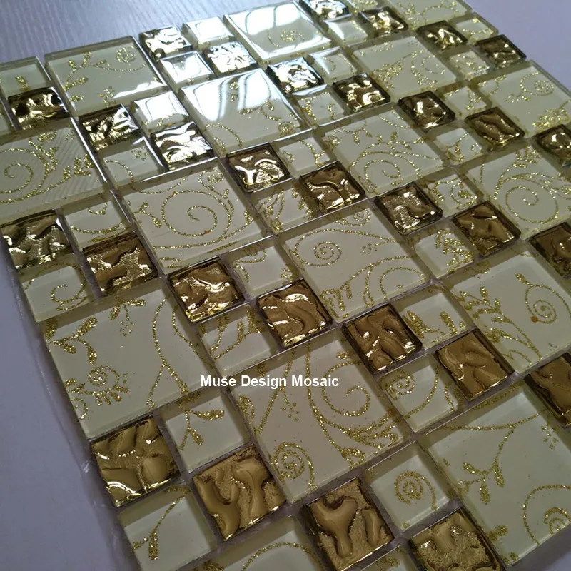 Yellow flower Gold Glass mosaic tiles for mesh backing bathroom wall floor kitchen backsplash tile Showrroom Cabinet Fireplace