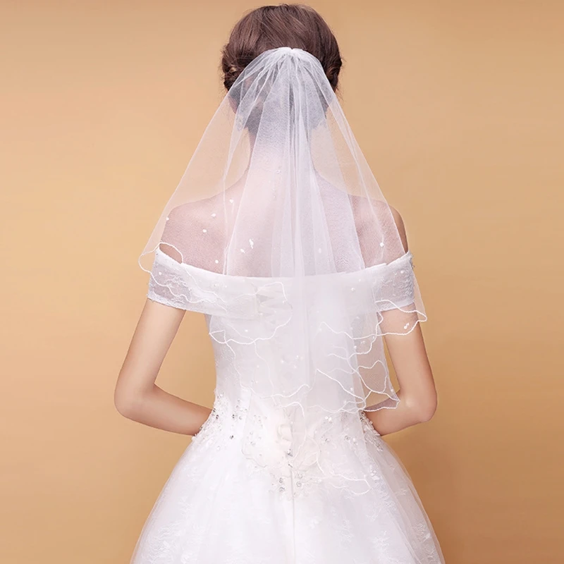 Women Pearl Bridal Veils Wedding Dress Veil Layers Tulle Ribbon Wedding Accessories