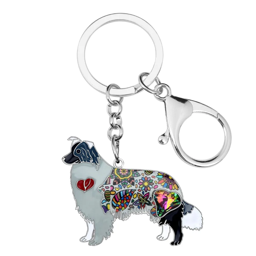 Bonsny Enamel Alloy Rhinestone Border Collie Dog Key Chains Keychains Pendant Animal Pet Jewelry For Women Girls Bag Charms Gift