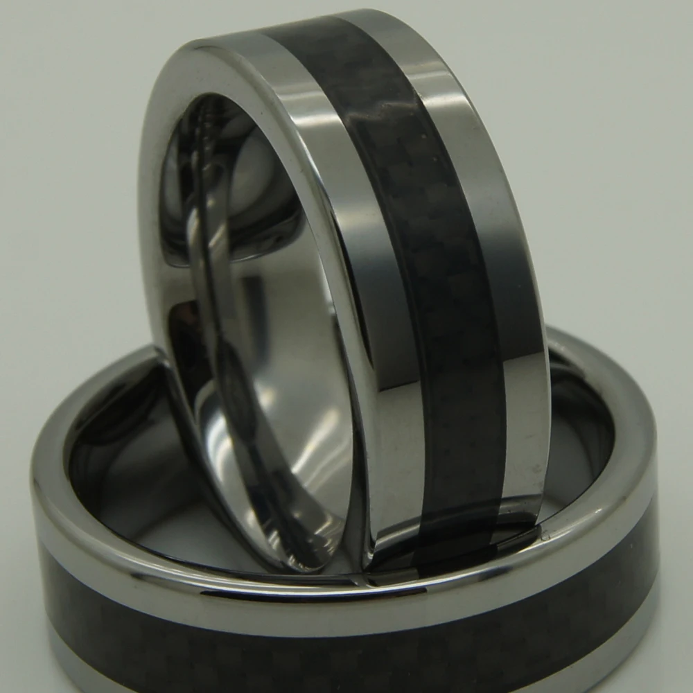 8mm black carbon fiber inlayed hi-tech scratch proof wedding tungsten ring