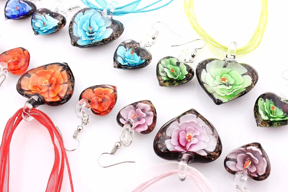 Wholesale 6Sets Murano Lampwork Glass Charm Heart Sets For Womens Jewelry Hot Style